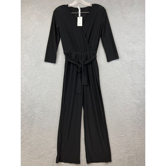 My Collection Pants - New My Collection Women's V-neck 3/4 Sleeve Pocket Black Jumpsuit w/Tie Belt Siz